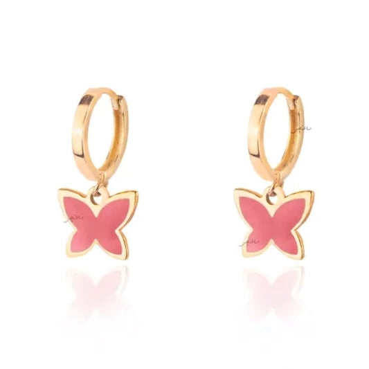 Yellow Gold Dangling Butterfly Earring with pink Enamel, 18k, 1.81gr