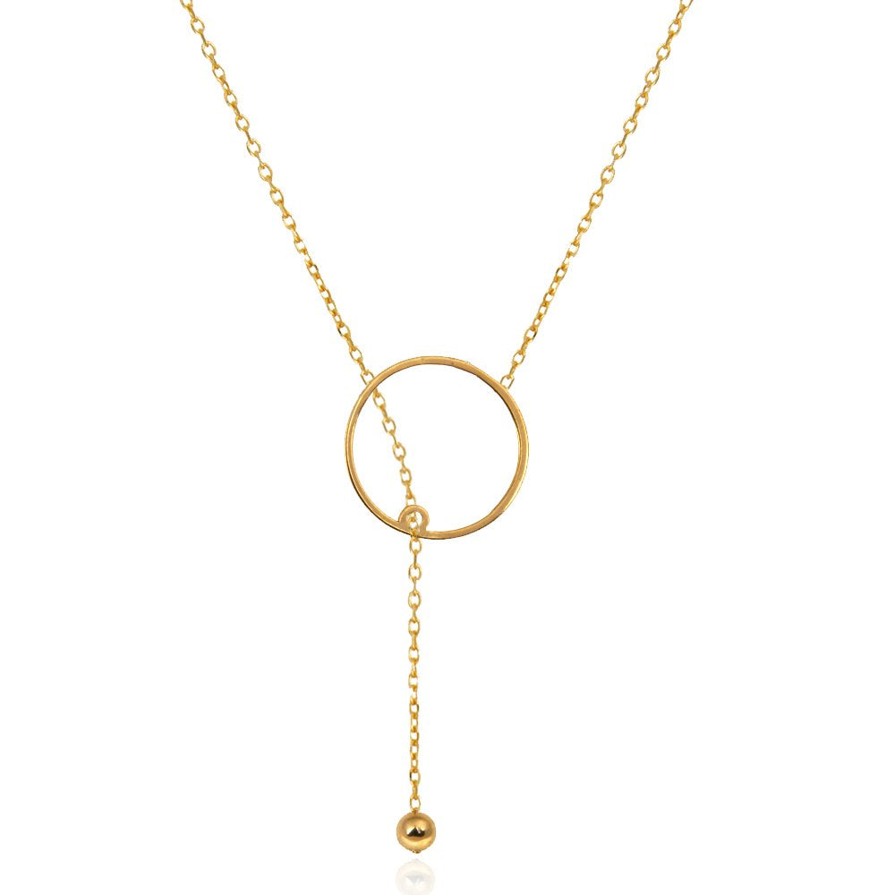 Yellow Gold Y Style Necklace with a circle and a ball hanging