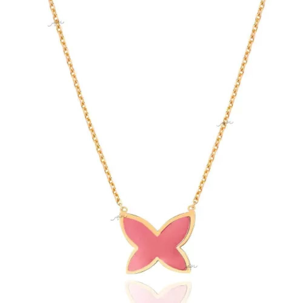 Yellow Gold Necklace with one pink Butterfly, 18k, 3.44gr