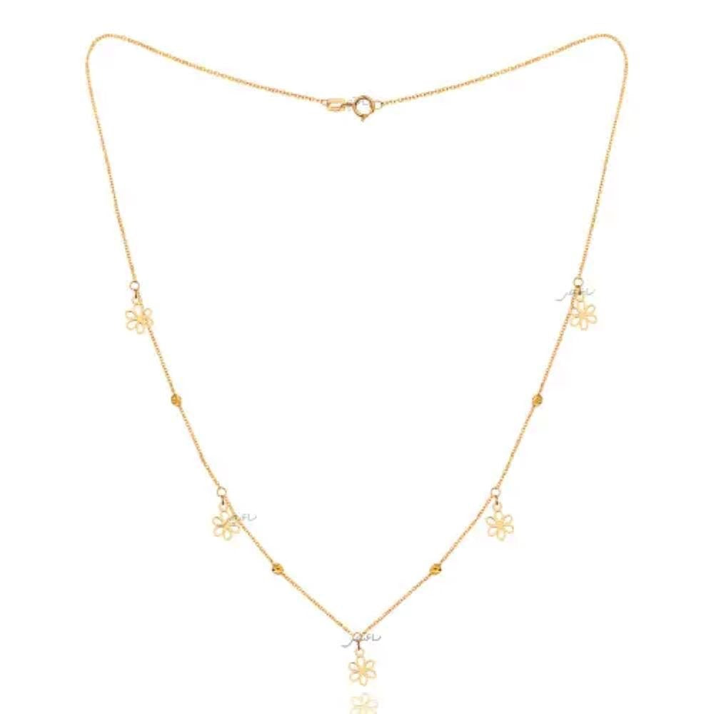 Yellow Gold Station Necklace with flowers and gold Ball, 18k, 2.4gr