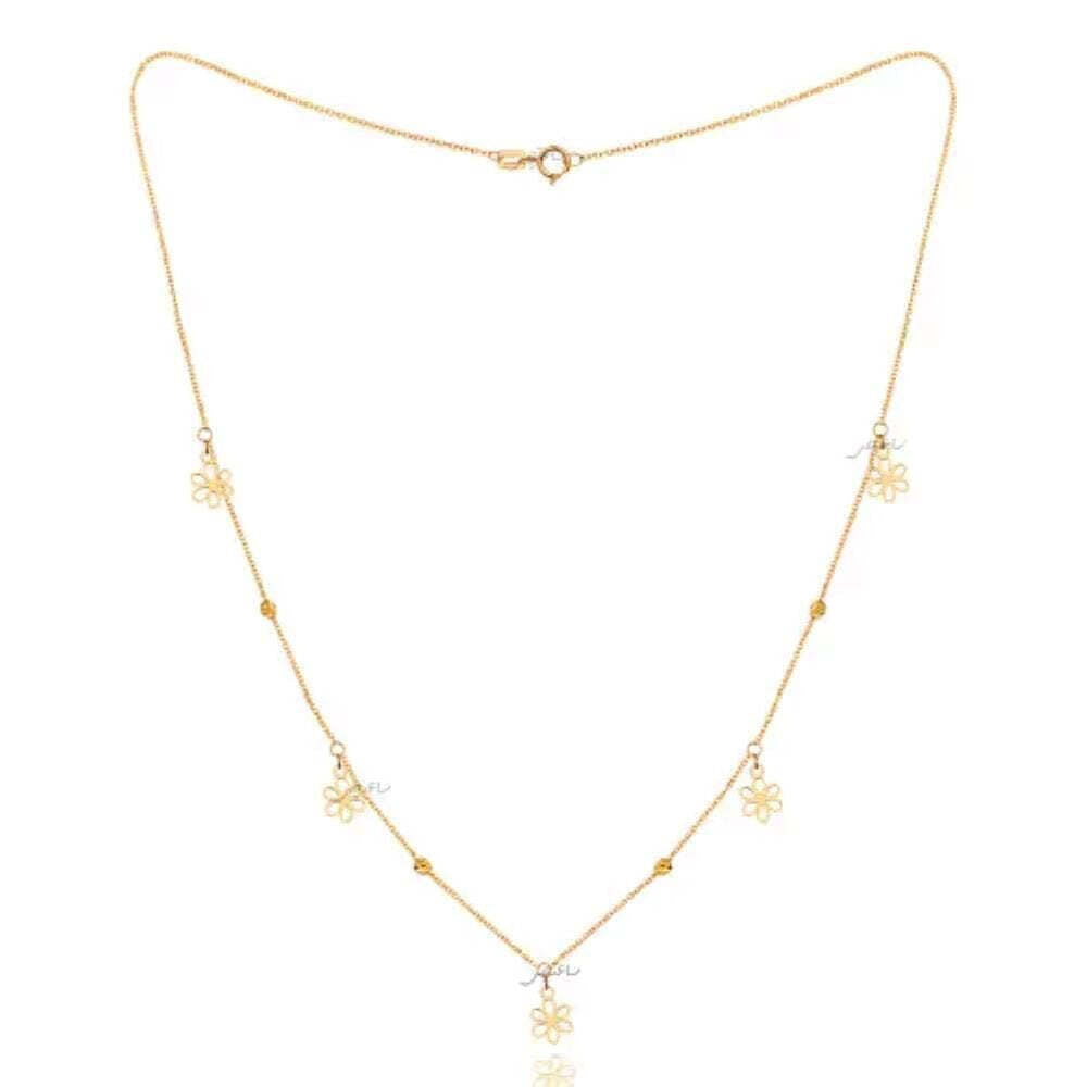 Yellow Gold Station Necklace with flowers and gold Ball, 18k, 2.4gr