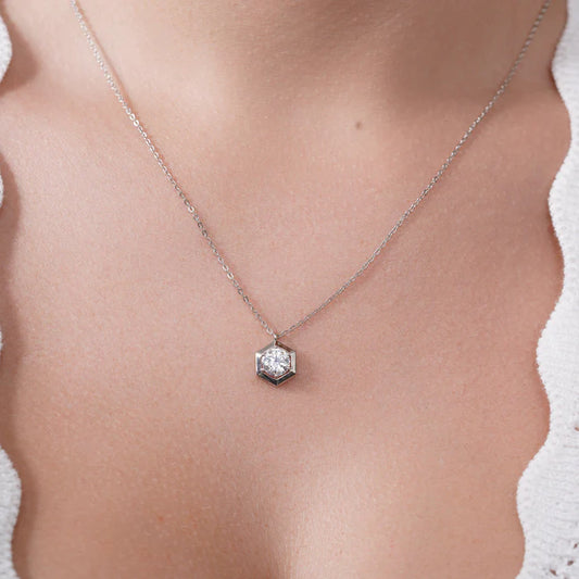 Certified GRA 925 Sterling Silver Rhodium Plated Round Moissanite Hexagon Frame Adjustable Pendant Necklace