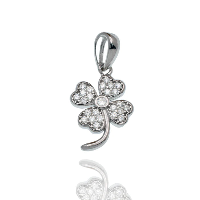 Certified GRA 925 Sterling Silver Rhodium Plated Moissanite Four Leaf Clover 9.6mm x 15mm Pendant