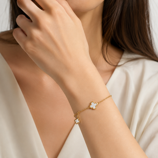 18K Yellow Gold White Enamel Clover Bracelet