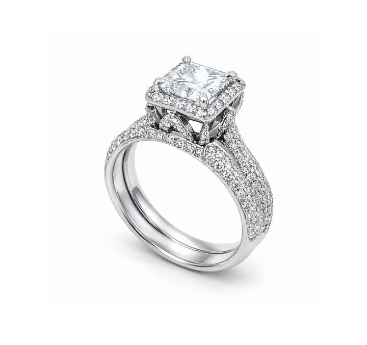 Platinum Halo Princess Cut Canadian Diamond Ring and Band TDW: 3.42ct