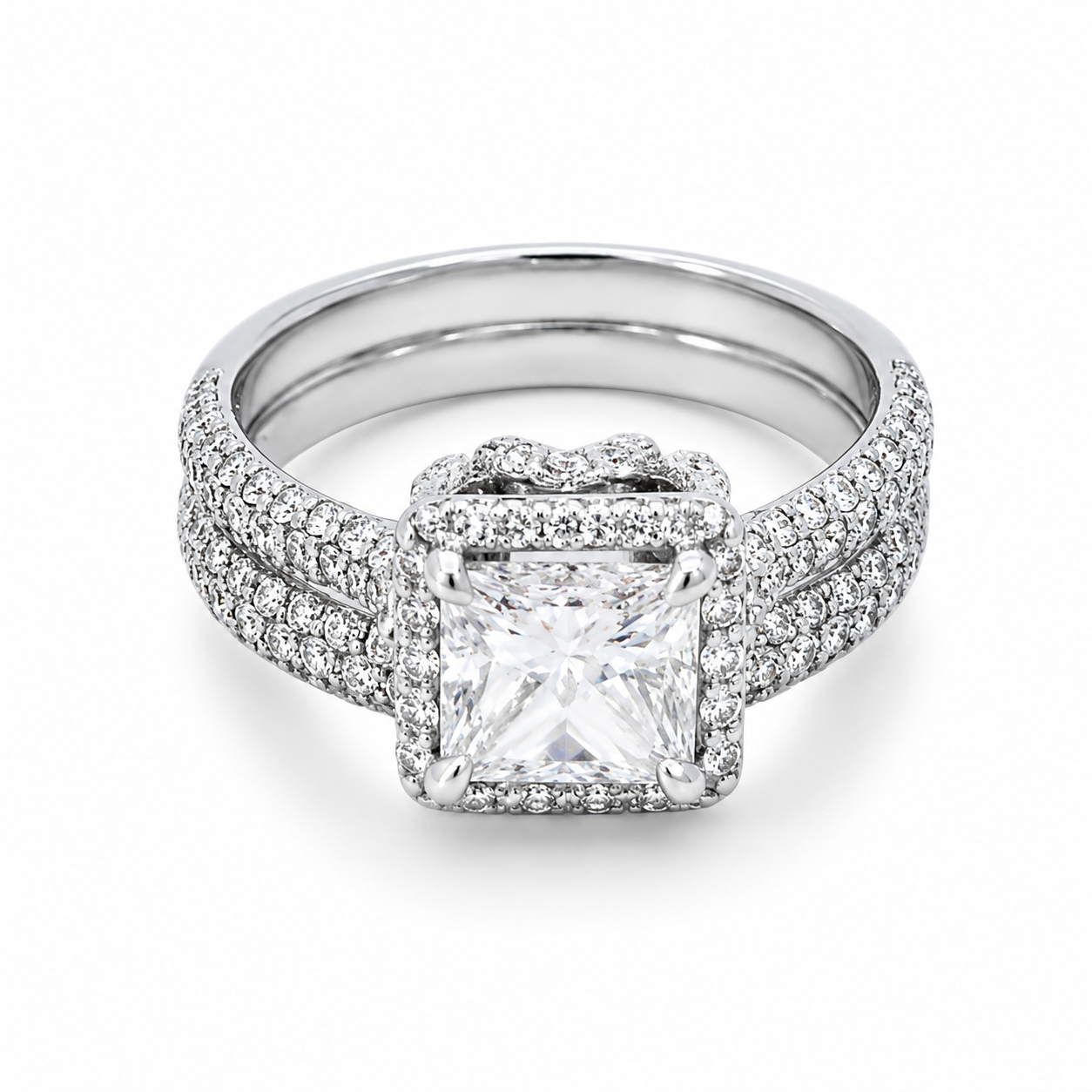 Platinum Halo Princess Cut Canadian Diamond Ring and Band TDW: 3.42ct