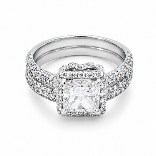 Platinum Halo Princess Cut Canadian Diamond Ring and Band TDW: 3.42ct