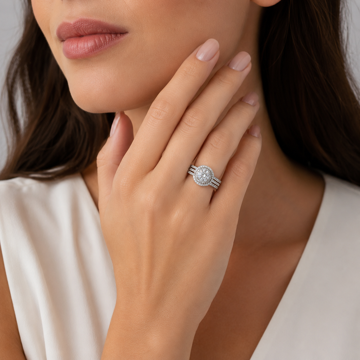 18K White Gold Halo CZ & Accent Diamond Ring