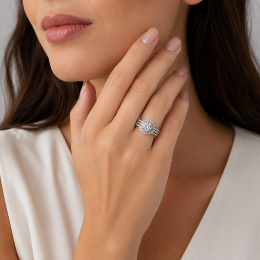 18K White Gold Halo CZ & Accent Diamond Ring