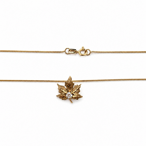 14K Yellow Gold Maple Leaf Necklace with Fire and Ice Canadian Diamond
