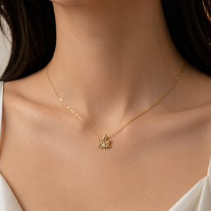 14K Yellow Gold Maple Leaf Necklace with Fire and Ice Canadian Diamond