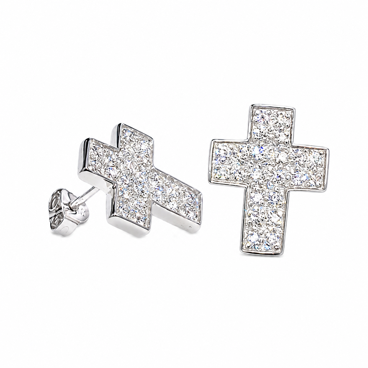 Sterling Silver 925 Rhodium-Plated Cross Micro Pave Clear CZ Earrings