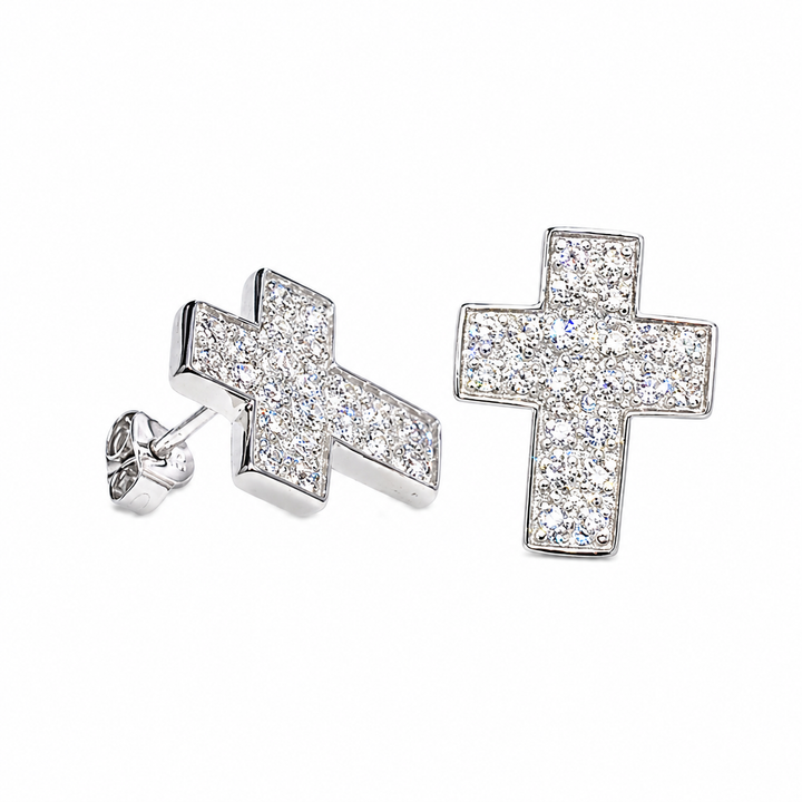 Sterling Silver Rodium-Plated Cross Micro Pave Clear CZ Earrings