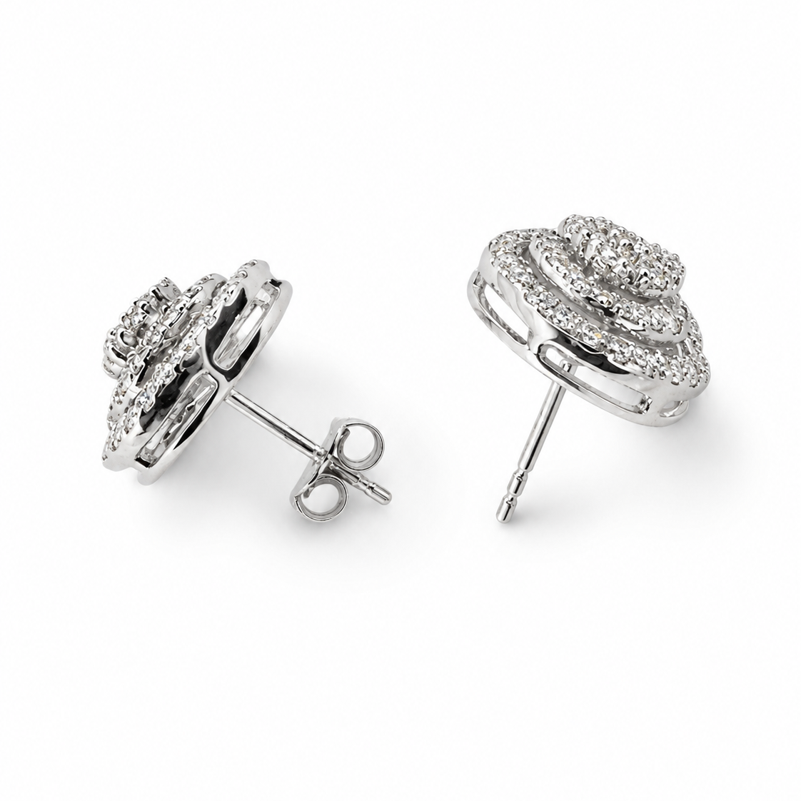 18K White Gold Round Double Halo Diamond Stud Earrings, TDW:1.26ct, VS, G-H