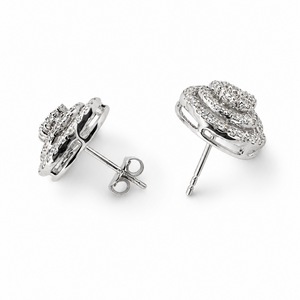 18K White Gold Round Double Halo Diamond Stud Earrings, TDW:1.26ct, VS, G-H