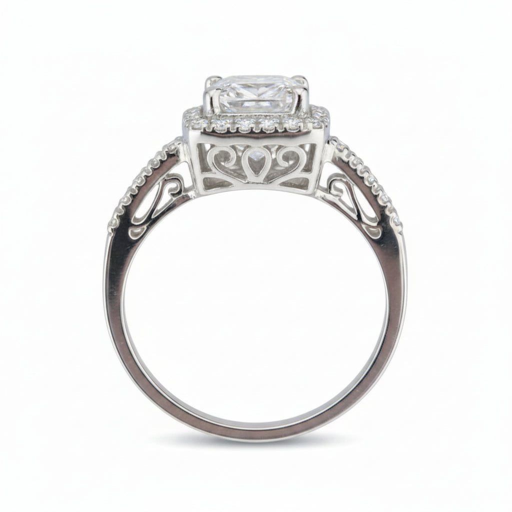 White Gold Princess-Cut Diamond Cluster Halo Split-Shank Ring.