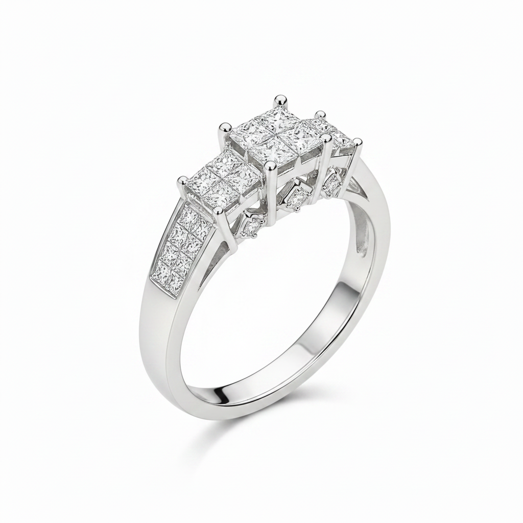 18k White Gold Princess-Cut Diamond Three-Stone Ring.