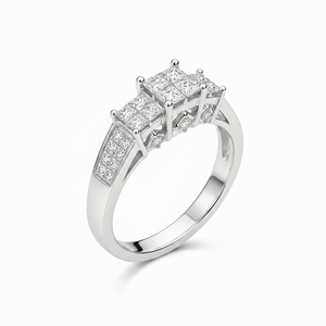 18k White Gold Princess-Cut Diamond Three-Stone Ring.