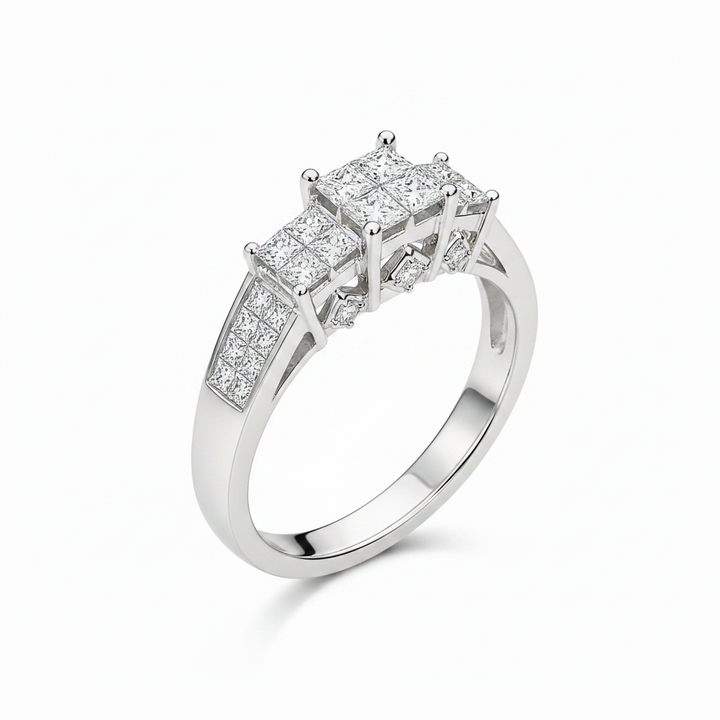 18k White Gold Princess-Cut Diamond Three-Stone Ring.