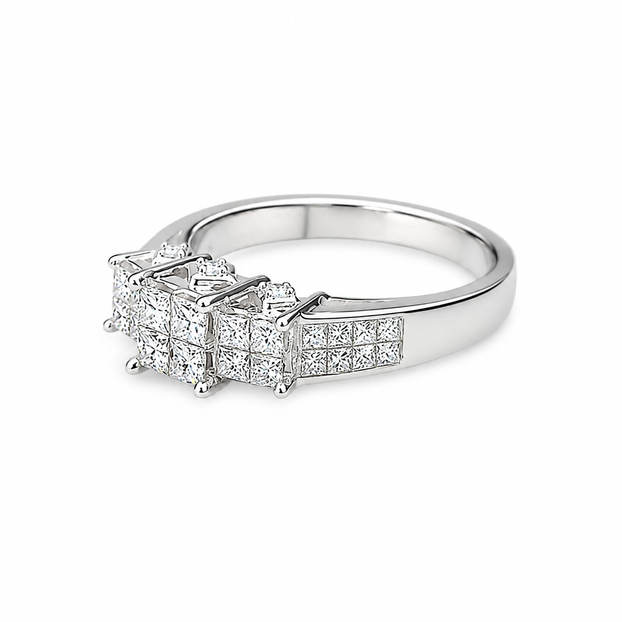 18k White Gold Princess-Cut Diamond Three-Stone Ring.