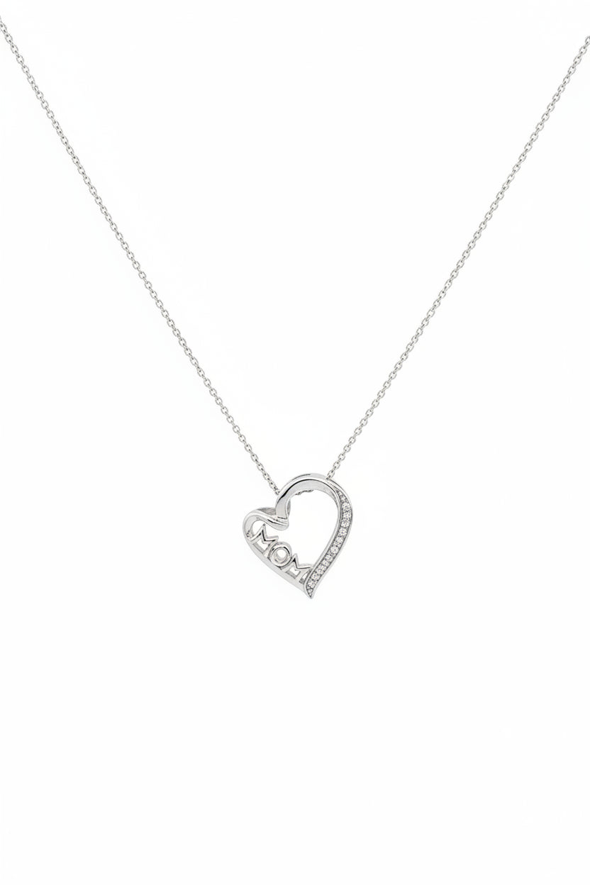 925 Sterling Silver MOM Heart Pendant Necklace with Lab-Grown Diamonds