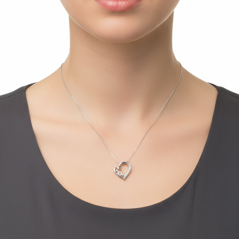 925 Sterling Silver MOM Heart Pendant Necklace with Lab-Grown Diamonds