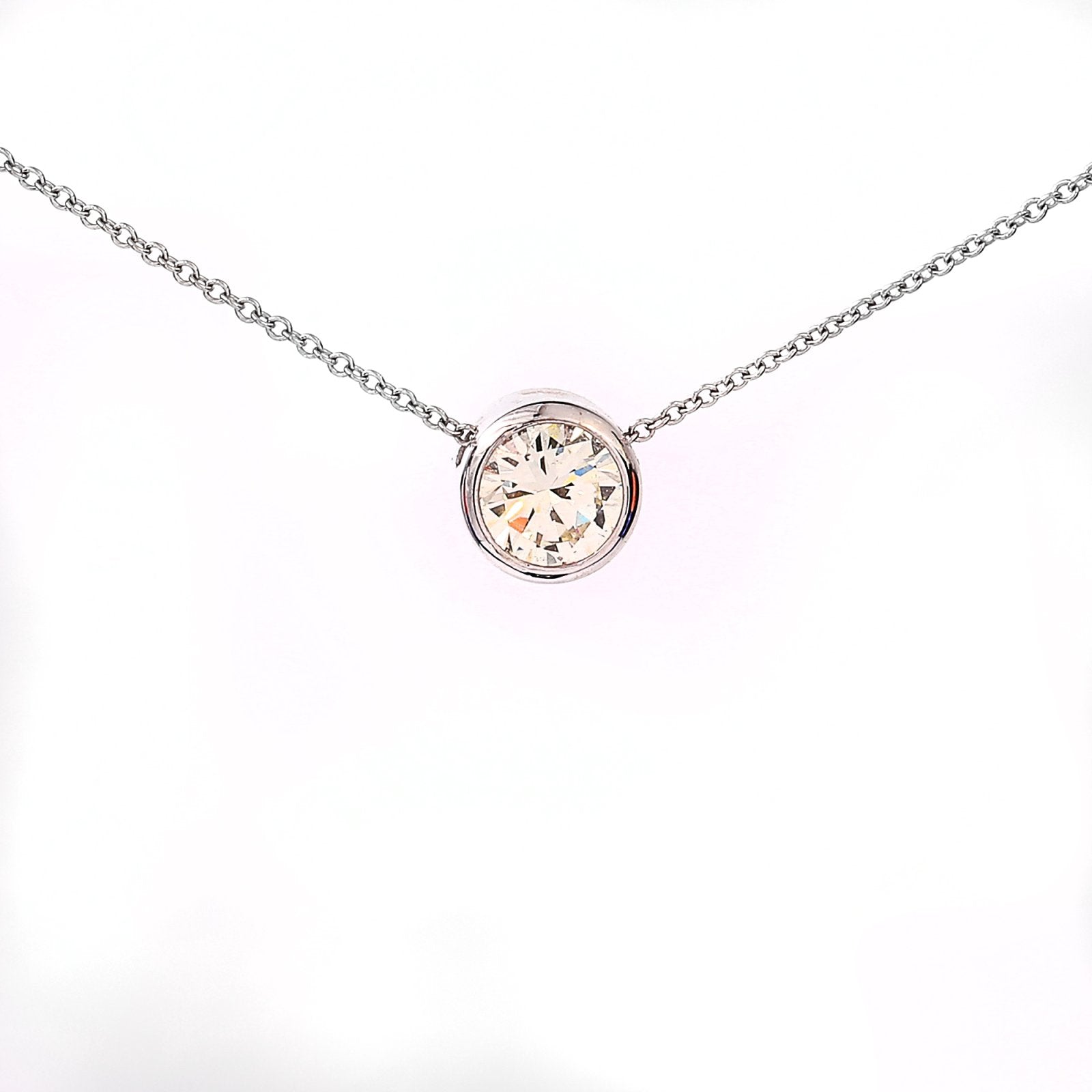 White Gold Solitaire Floating Bezel Set Natural Diamond Necklace 1.08ct VS1 H Total Length: 18"18k2.3gr