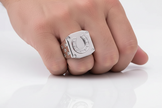 925 Sterling Silver Rhodium Plated Men's Horseshoe Clear CZ Ring