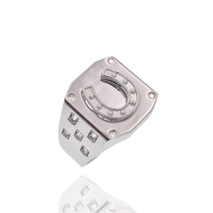 925 Sterling Silver Rhodium Plated Men's Horseshoe Clear CZ Ring