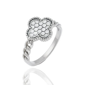 925 Sterling Silver Rhodium Plated 8mm Clover Clear CZ Ring
