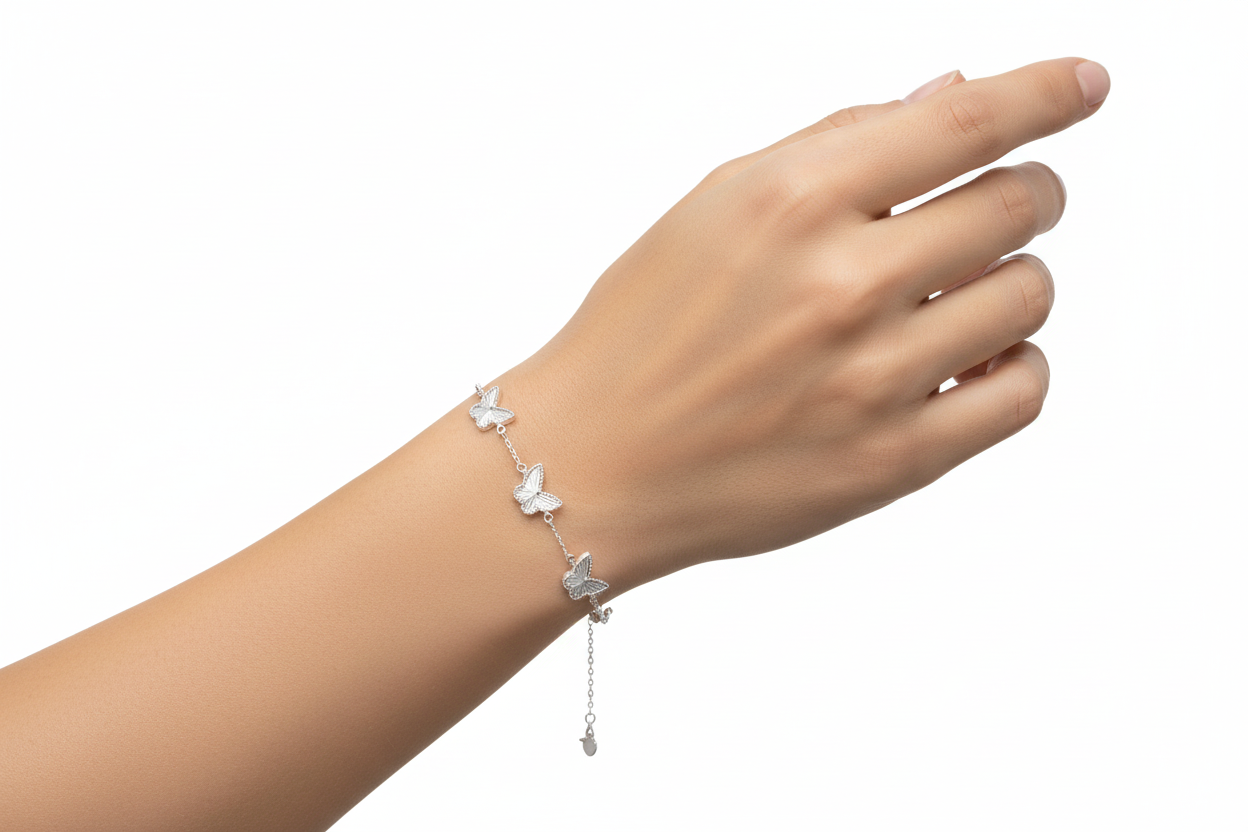Sterling Silver Rhodium-Plated Sterling Silver Diamond Cut Three Butterfly Charm Adjustable Bracelet