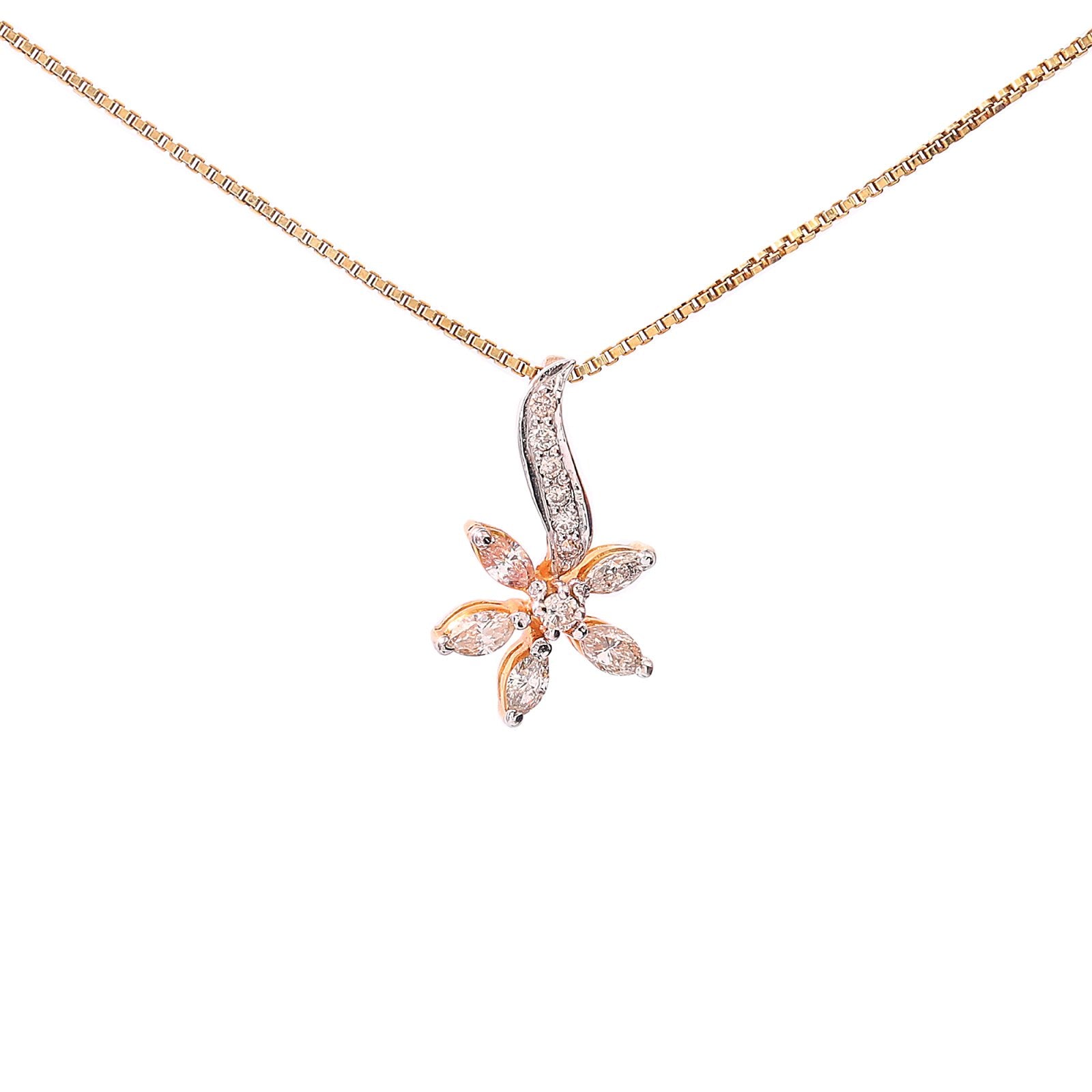 Yellow Gold Flower Pendent setting 7 Round diamonds and 5 Marquise TDW: 0.45ct VSGH 14k
