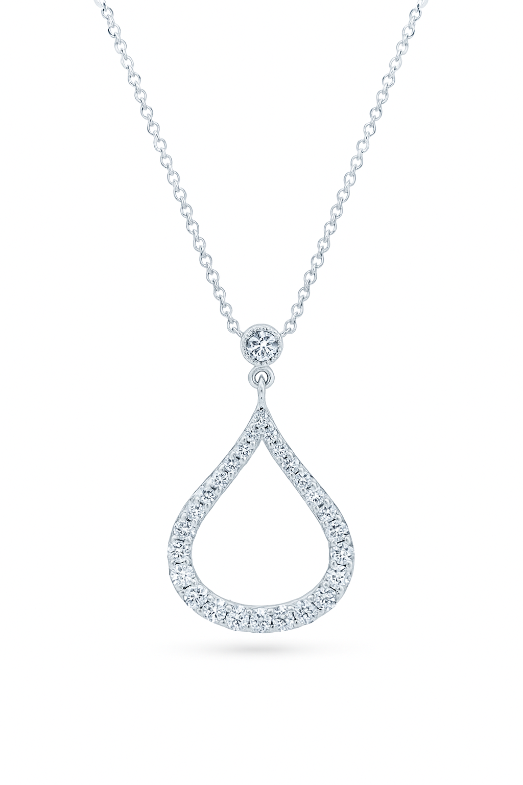 White Gold Diamond Pavé Teardrop Pendant Necklace. 14k, 0.23ct, 17 Inches