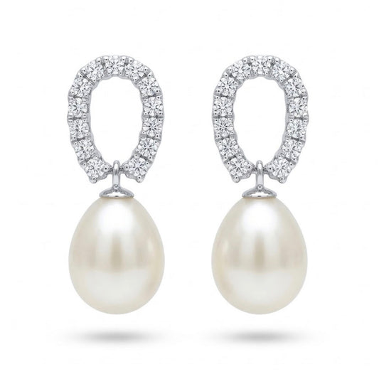 925 Sterling Silver CZ Freshwater Drop Pearl Earrings