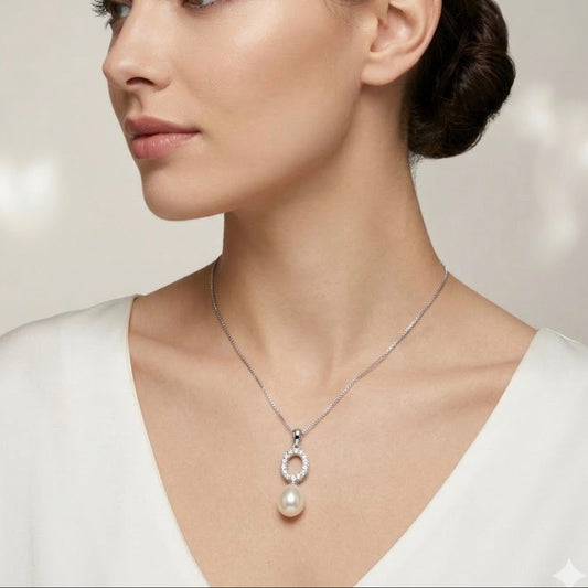 925 Sterling Silver Cubic Zirconia Freshwater Drop Pearl Pendant