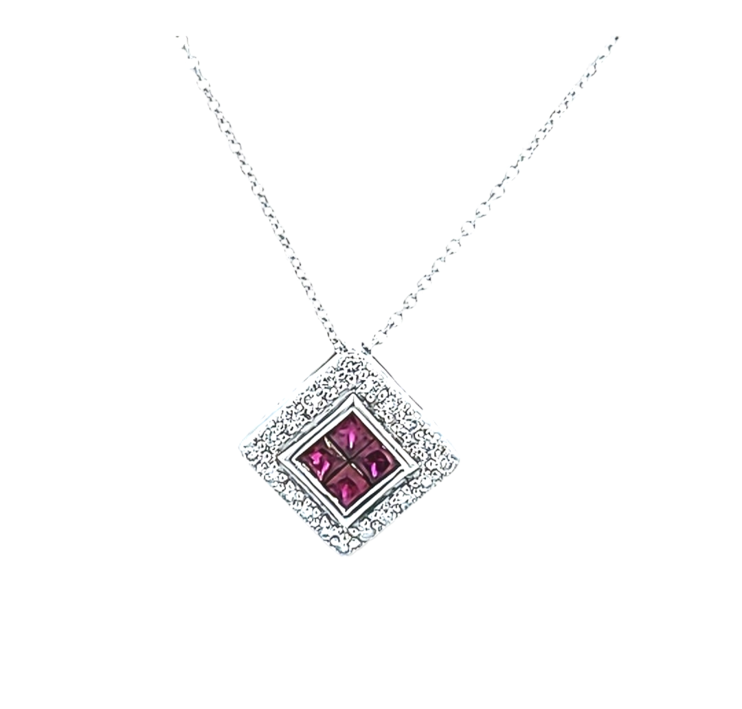 White Gold Halo Square Shape Invisible Setting Ruby and Diamond Necklace. 18k 3.08gr. R:0.40ct TDW: 0.2ct