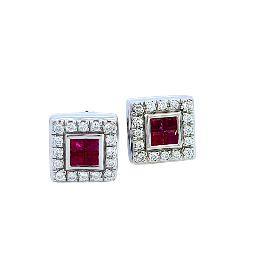 White Gold Halo Square Shape Invisible Setting Ruby and Diamond Earrings. 18k 3.5gr. R:0.80ct TDW: 0.4ct