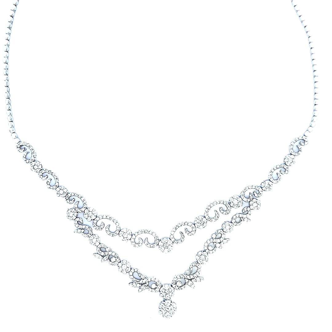 Classic White Gold Diamond Floral Style Necklace. 18k 25.4gr, 207 Round Diamonds. TDW: 5.8CT VS-SI FH