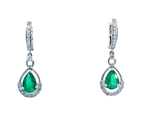 White Gold Natural Pear Shape Emerald and Diamond Earrings. 18k  E:  0.6ct/each. ,TDW: 0.84ct. SI GH