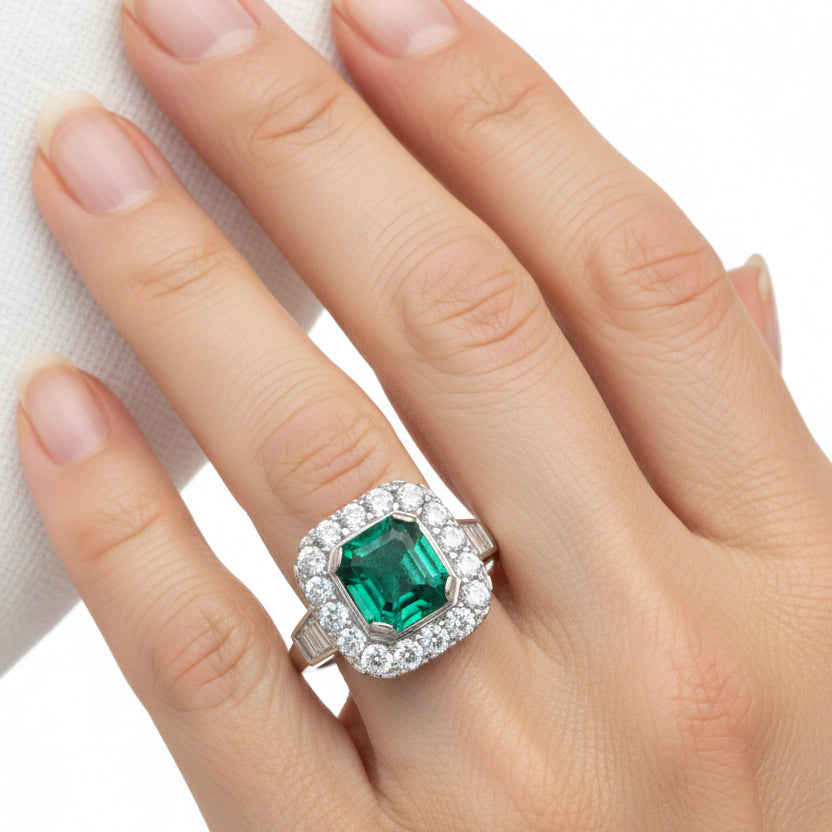 Vintage Platinum Cocktail Diamond and Enhanced Emerald Ring. E: 2.43ct, TDW: 2ct, VS, EF