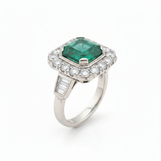 Vintage Platinum Cocktail Diamond and Enhanced Emerald Ring. E: 2.43ct, TDW: 2ct, VS, EF