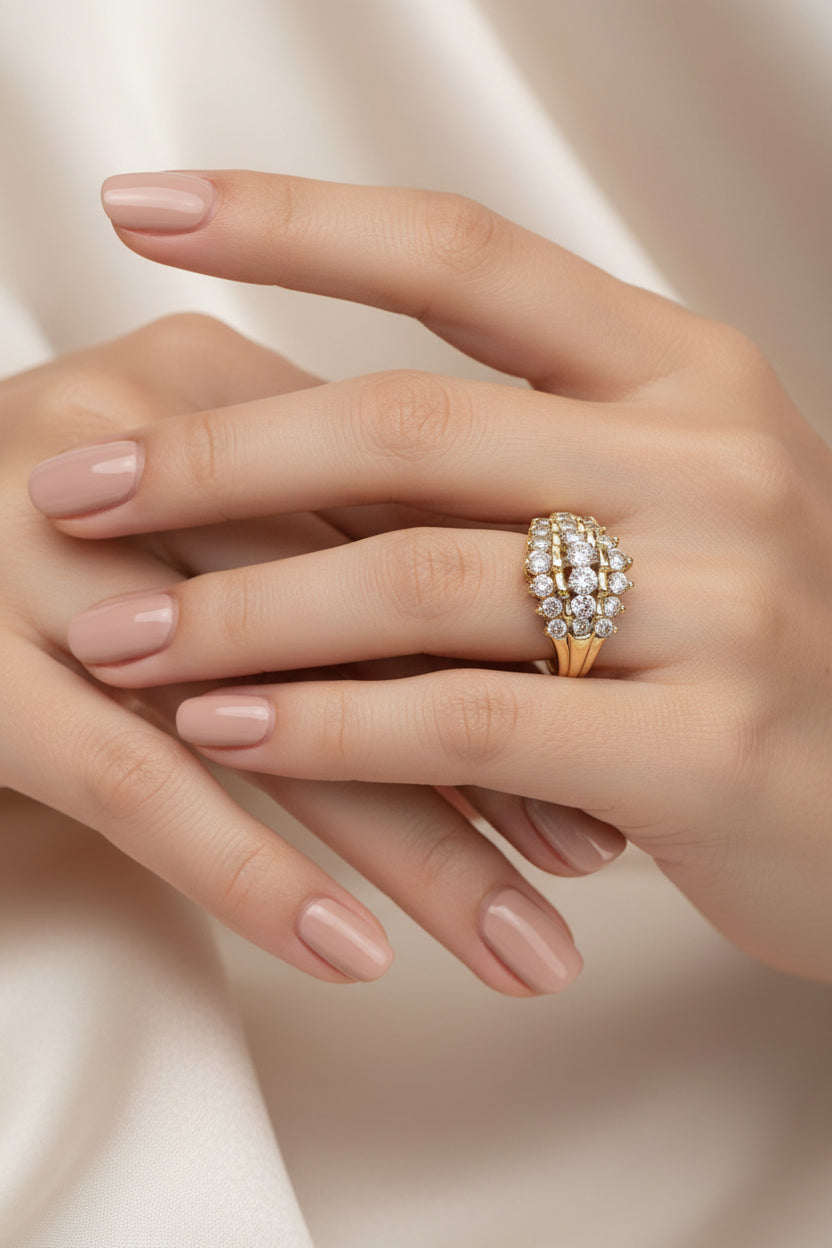 14k Yellow Gold Pyramid 3 Rows Round Diamond Ring.