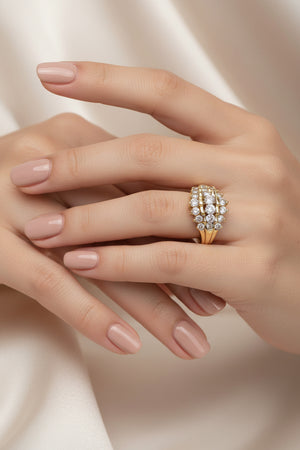 14k Yellow Gold Pyramid 3 Rows Round Diamond Ring.