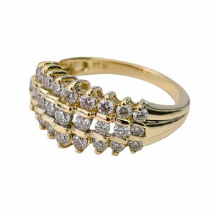 14k Yellow Gold Pyramid 3 Rows Round Diamond Ring.