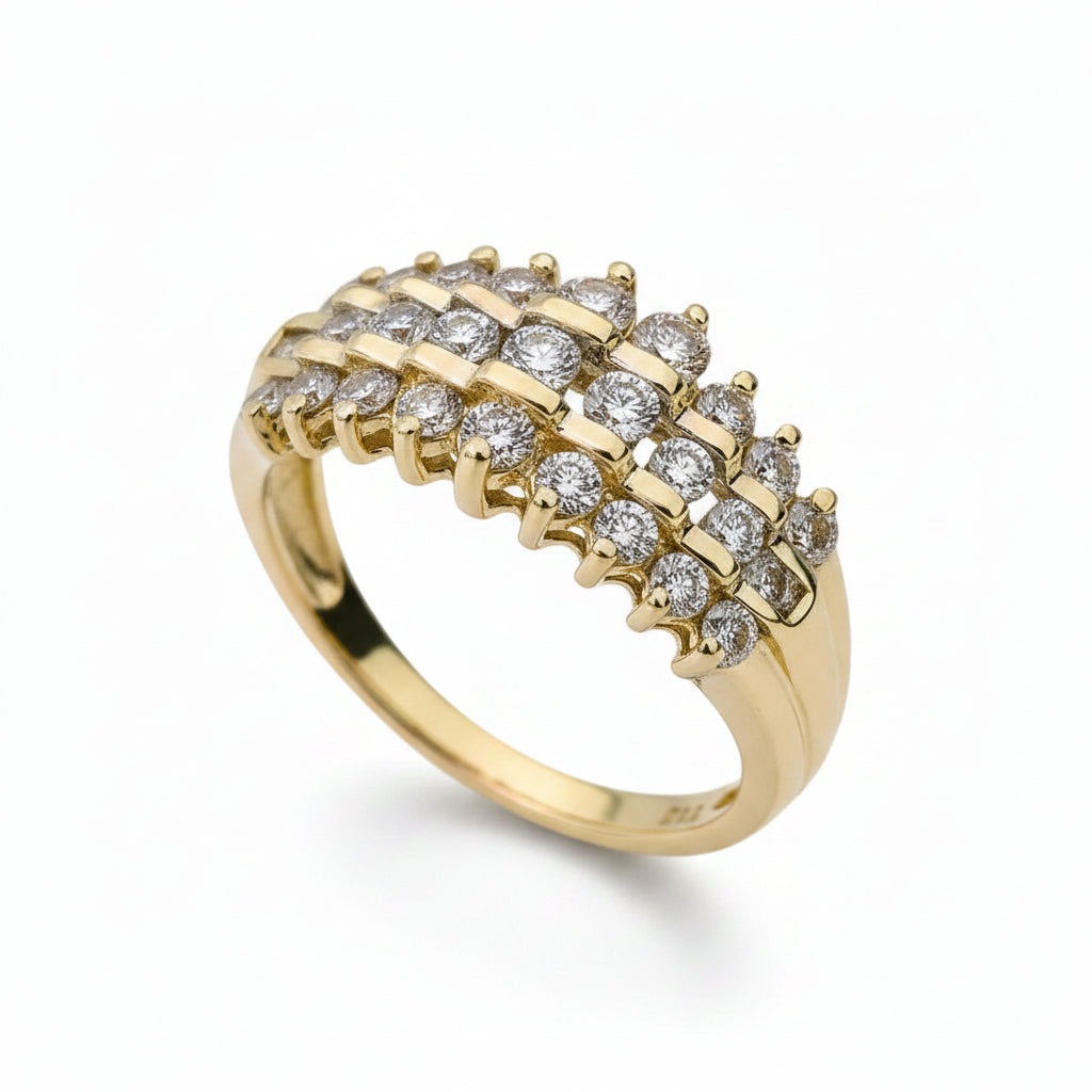 14k Yellow Gold Pyramid 3 Rows Round Diamond Ring.