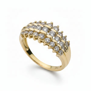 14k Yellow Gold Pyramid 3 Rows Round Diamond Ring.