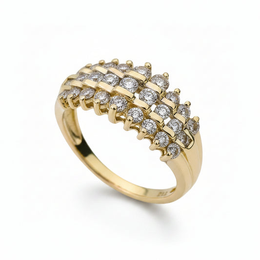14k Yellow Gold Pyramid 3 Rows Round Diamond Ring.