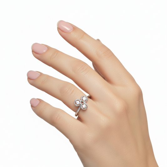 14K Three Circle Design White Gold Diamond Ring