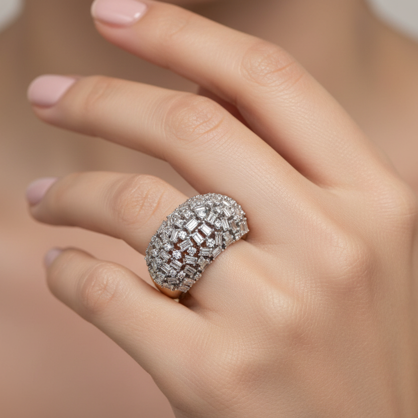 14K Two Tones Ring setting with Cubic Zirconia on round and Baguette Cut