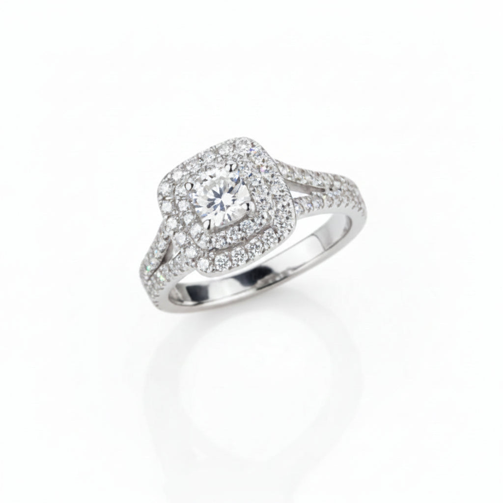 14K White Gold Halo Engagement Ring-Natural Round Cut Diamond